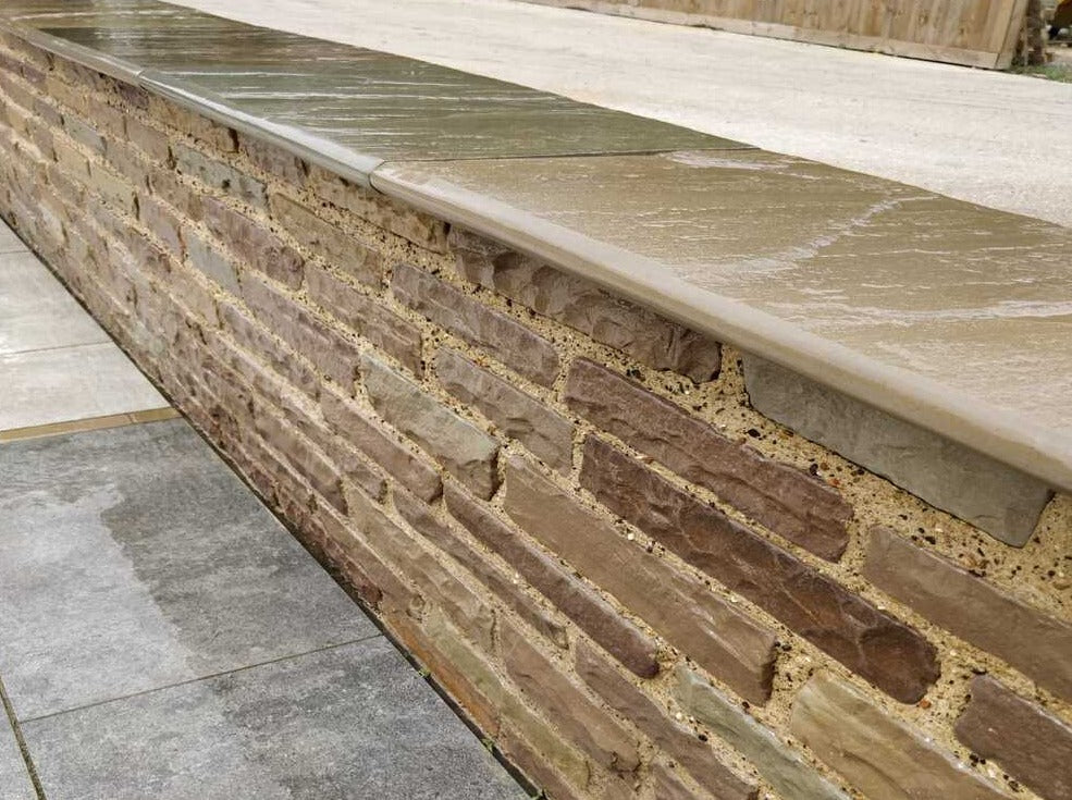 Raj Green Coping Stones 900x350x40mm H/C Natural Riven Top, Bullnosed Edge