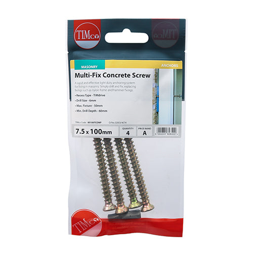 Concrete Screws - TX - Flat Countersunk - Yellow 7.5 x 100 Pack Of 4