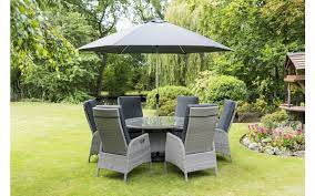 Chatsworth 6 Seat Reclining Armchair Dining Set Round Table Inc Parasol & Base